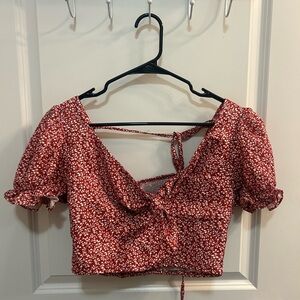 Floral Red Puff Sleeve Top with Tie Front